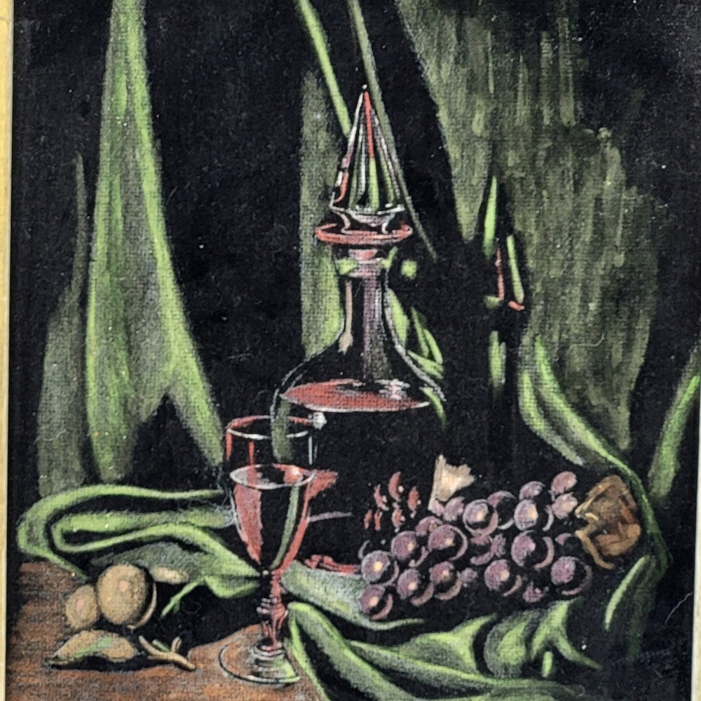 Vintage Black Velvet Still Life Painting Wine Decanter Grapes Framed 19x15